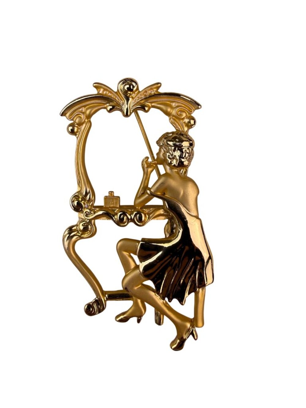 Vintage AJC Gold Tone Woman Vanity Mirror Brooch Signed Ornate Design Jewelry
